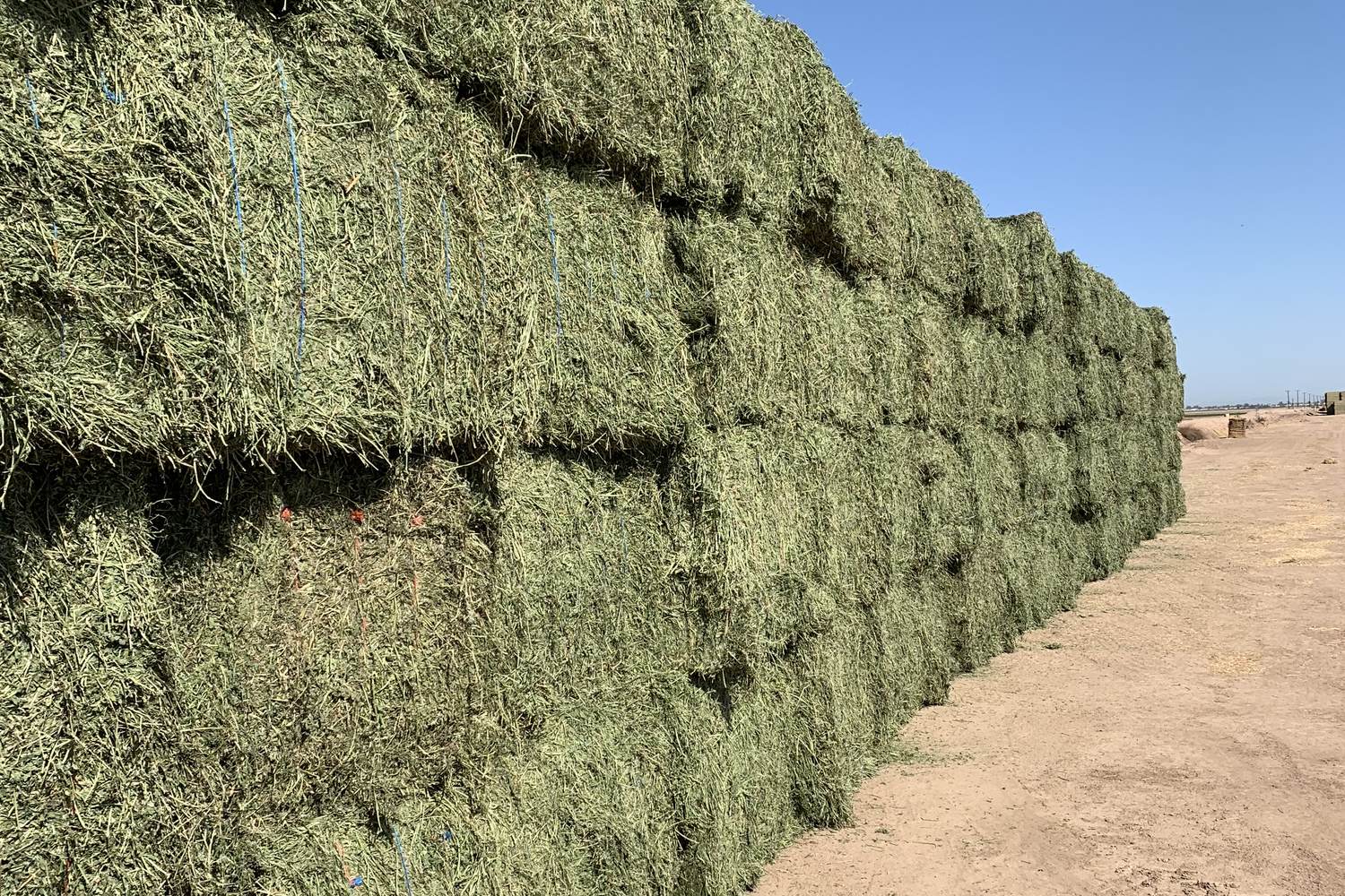 A long row of stacked hay bales beside a dirt road