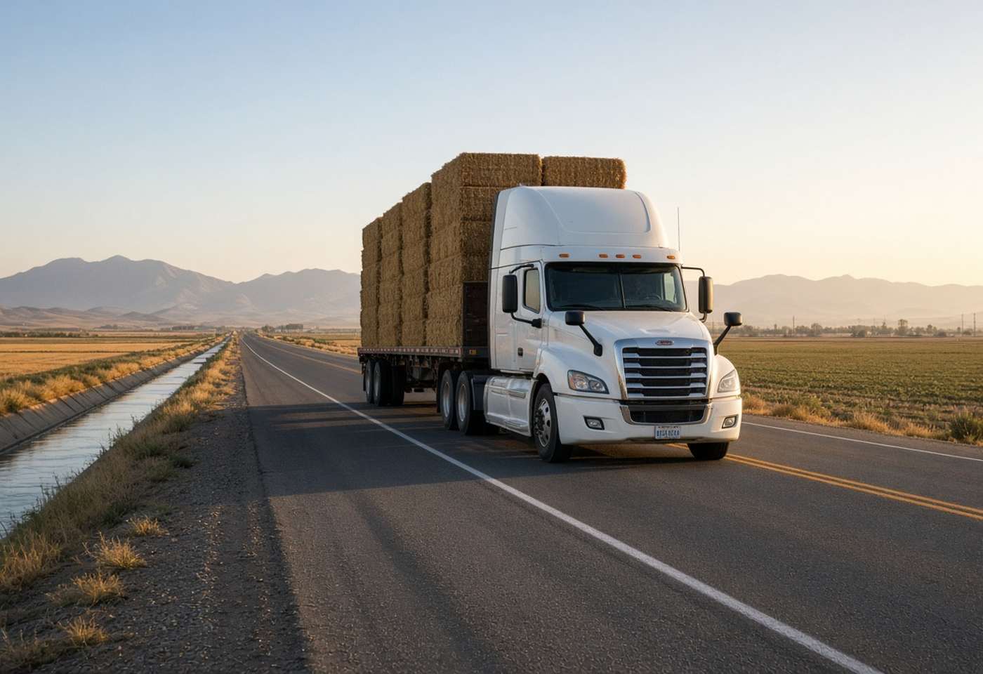 A flatbed truck loaded with hay on a rural highway